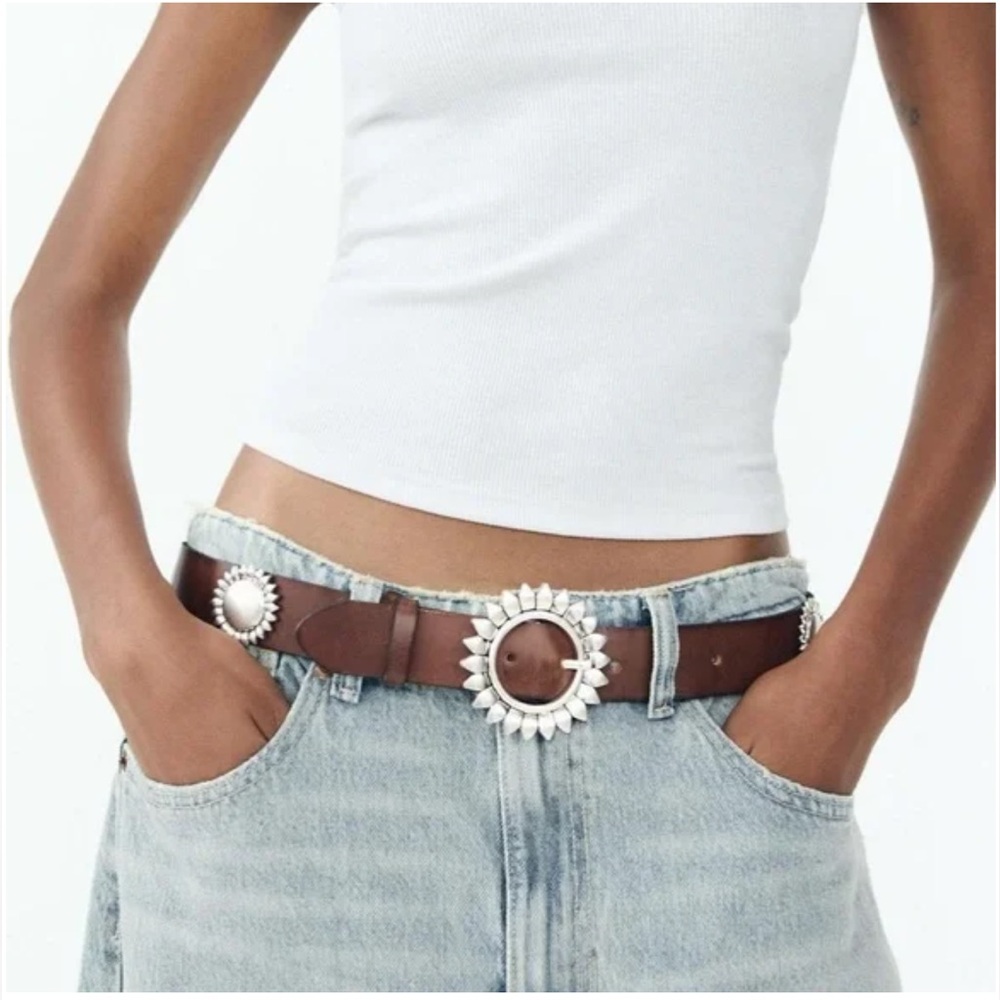 Zara Brown Belt with Silver Floral Buckle